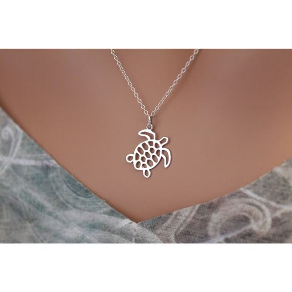 Sterling Silver Sea Turtle Charm - Openwork Necklace - Picture 1 of 3